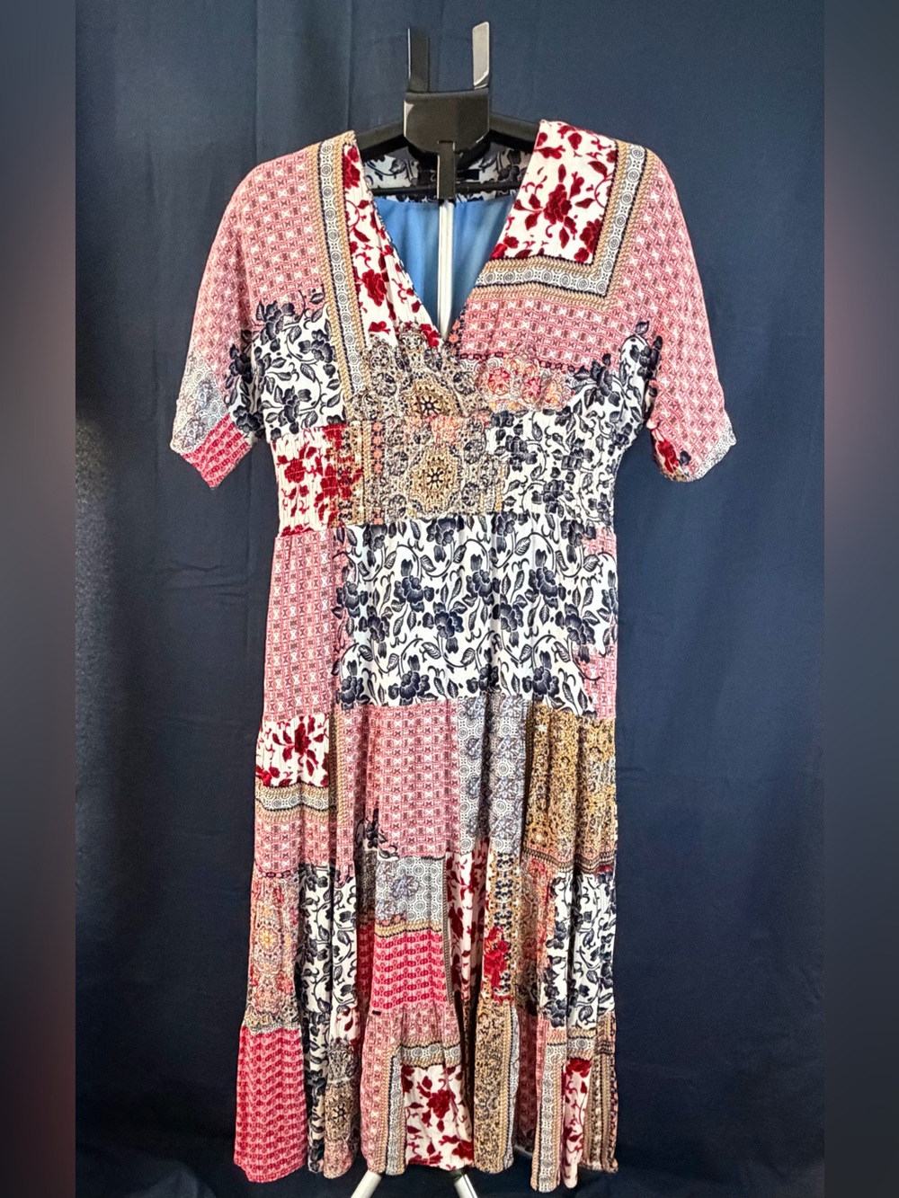 Caleooa Patchwork Boho Midi Dress Women’s Small Blue Red Floral V-Neck Lined